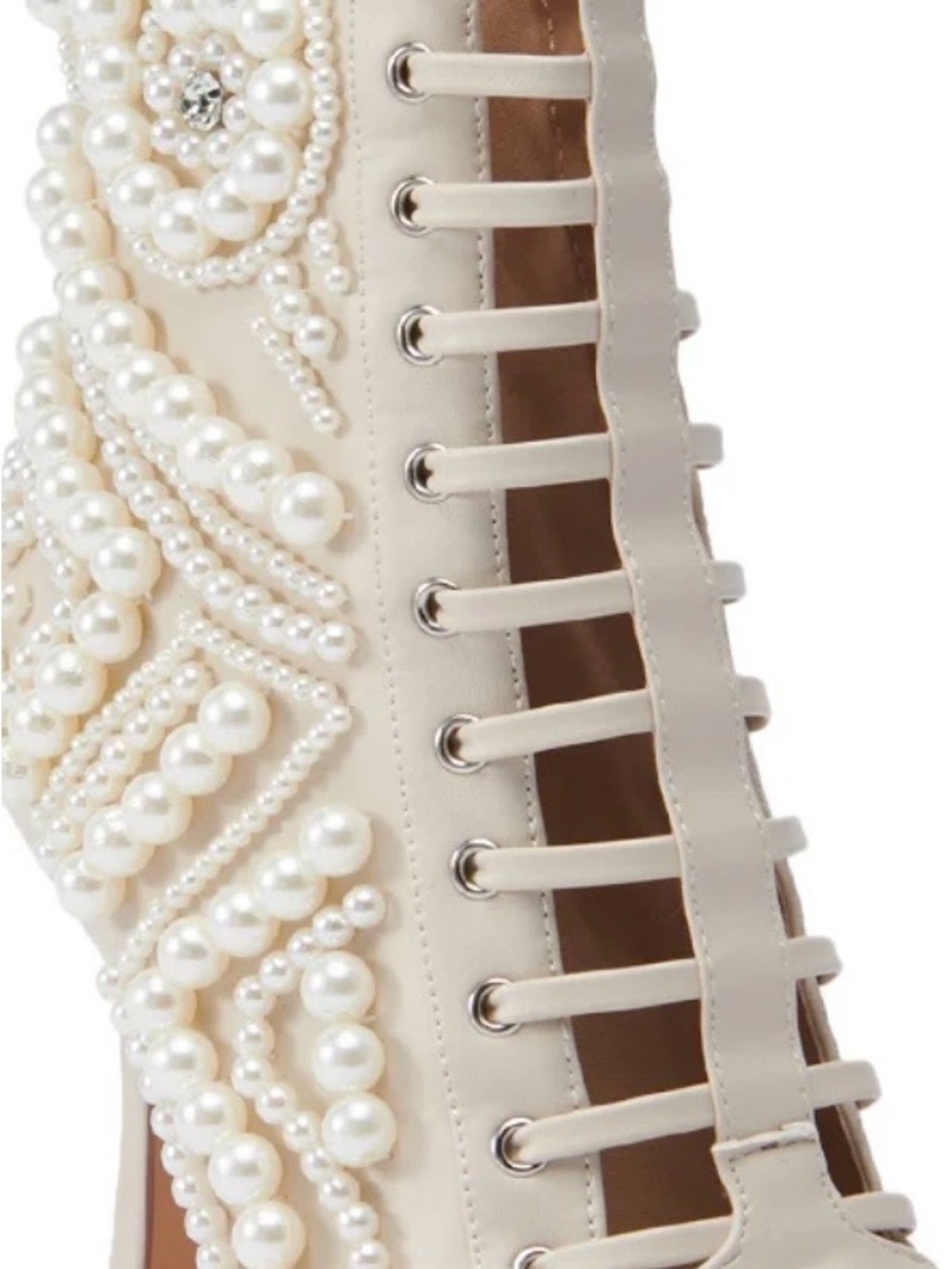 Pearl-Embellished Cream Lace-Up Peep-Toe Stiletto Booties - Picture 6 of 9
